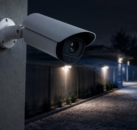 IP security camera monitoring a property at night